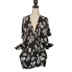L.I.F.E. Kimono Top Womens XL Black White Chiffon Floral Lightweight BOHO